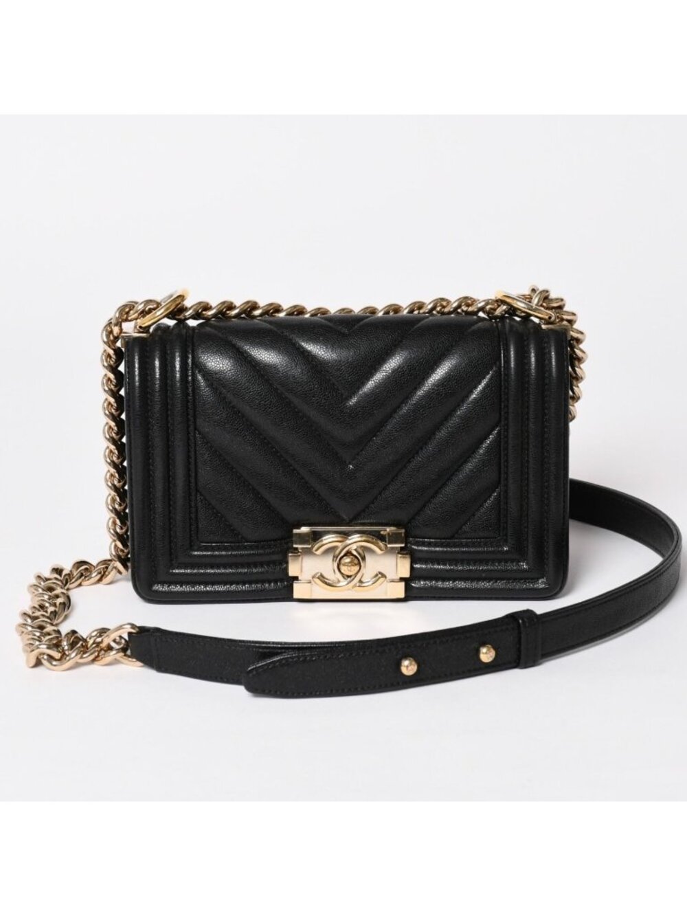 Chanel Boy Chain Shoulder Bag V-shaped Stitch Chevron Caviar Leather Black Gold